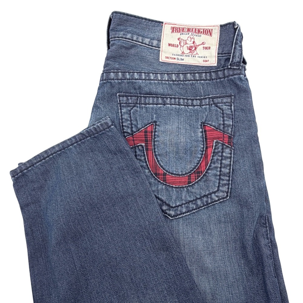 True Religion Slim Jeans Mens 34 Blue Exc Faded Whiskered Red Plaid Straight